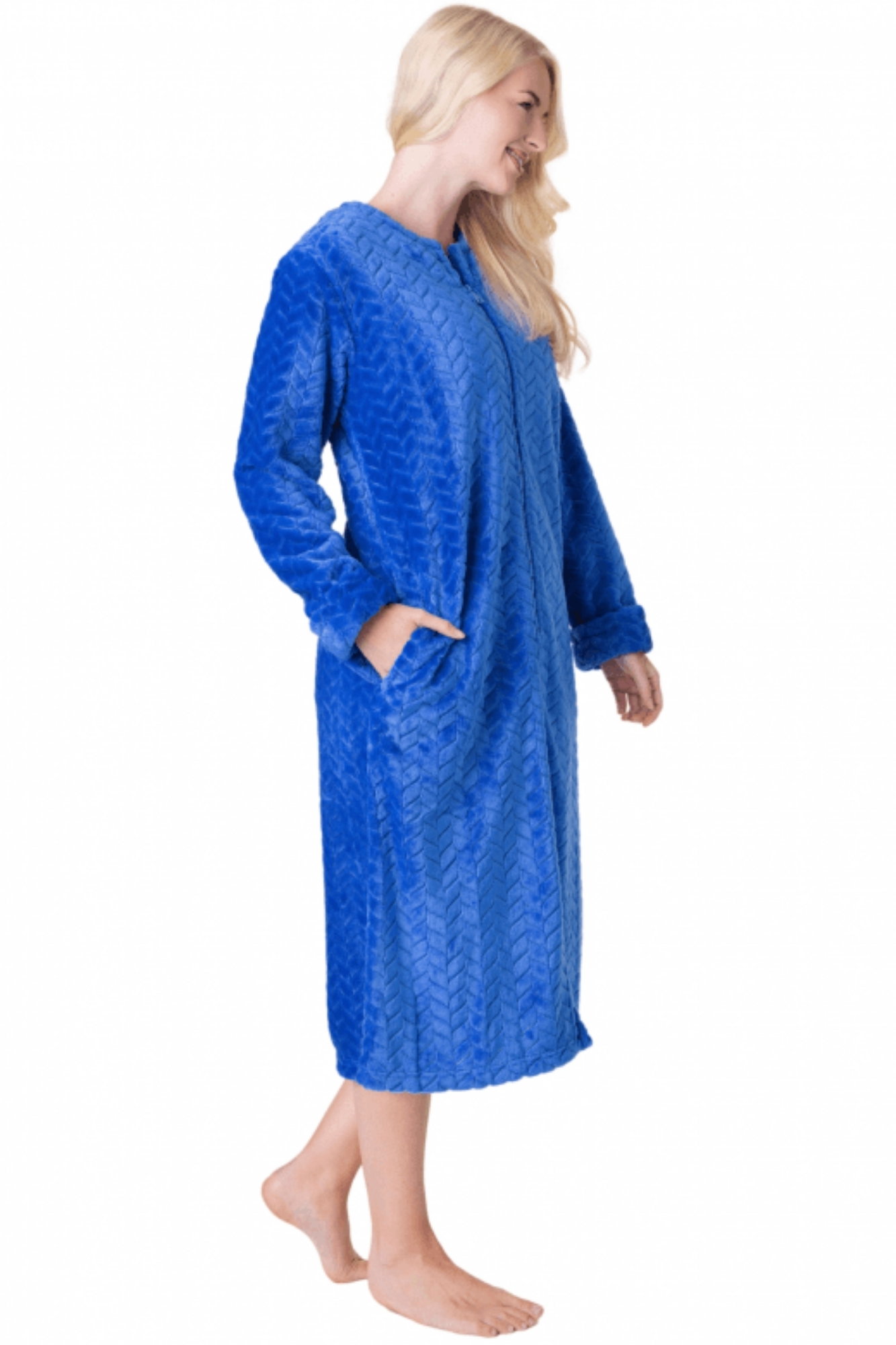 Blue Supersoft Zip Front Embossed Housecoat, Image 4 of 5