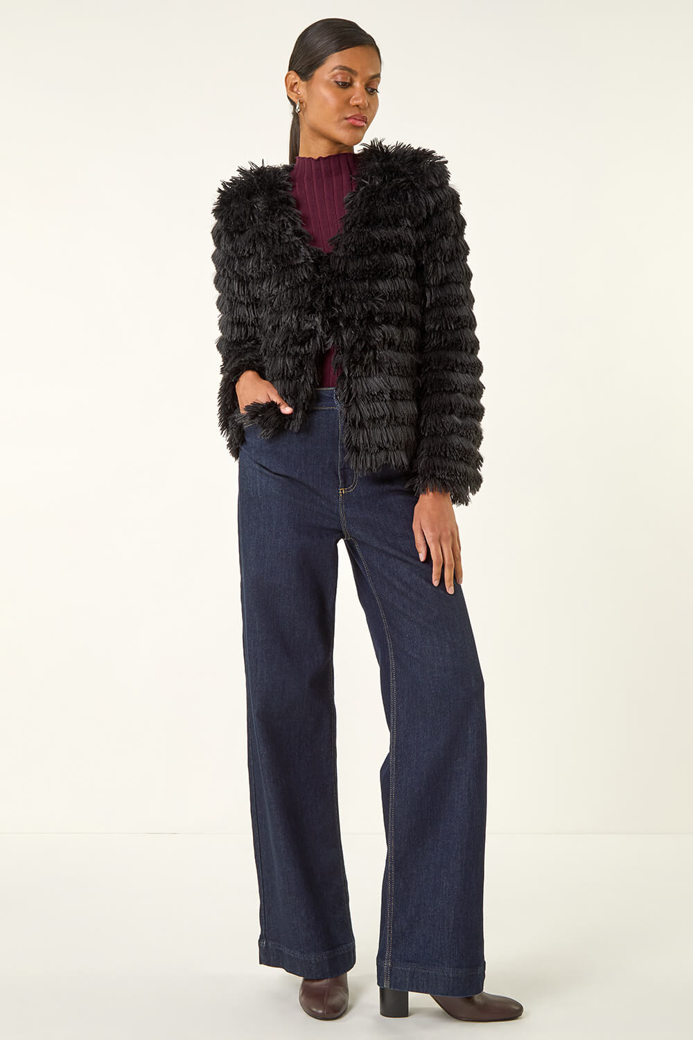 Black Faux Fur Fluffy Layered Jacket, Image 4 of 6