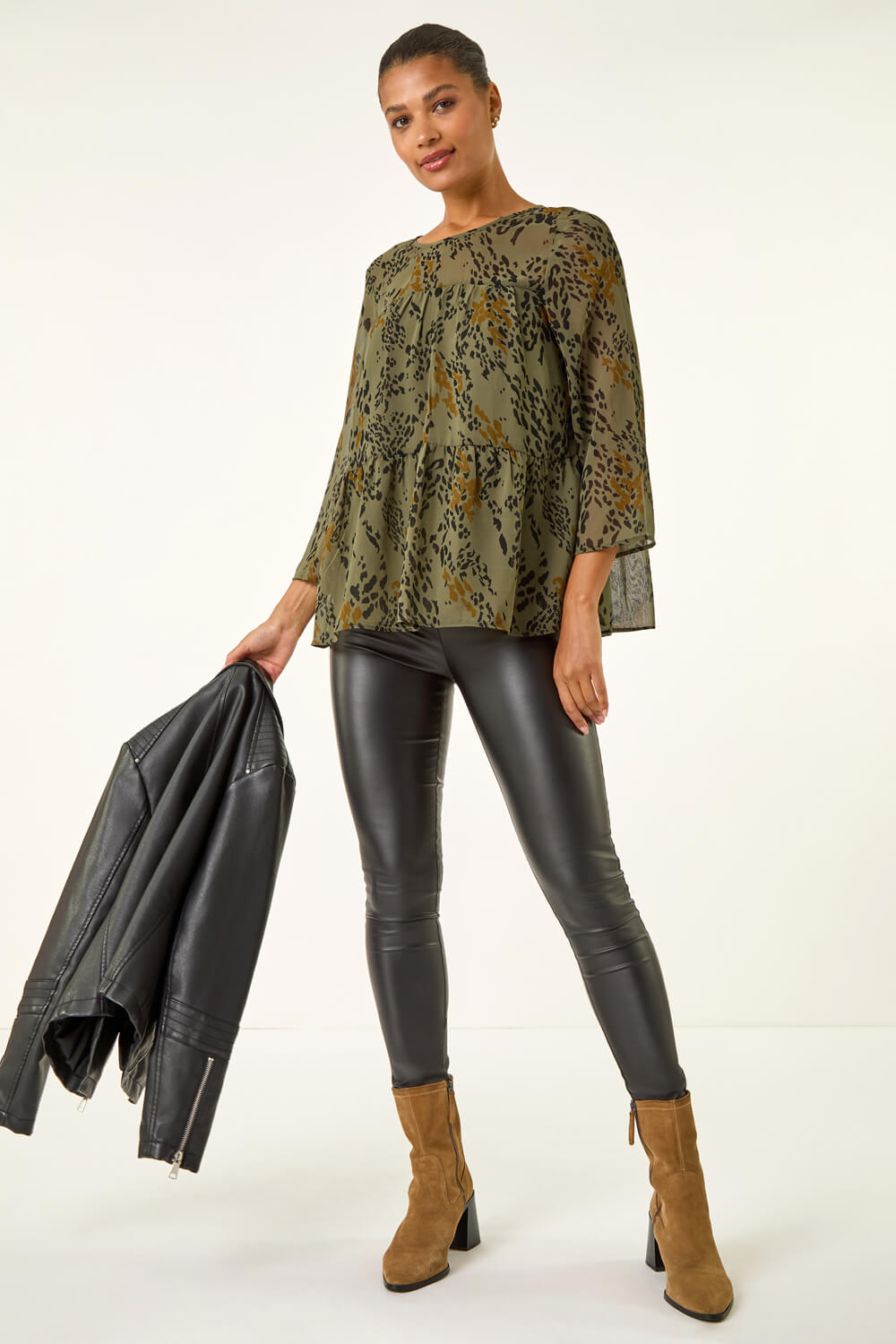 Khaki Speckled Print Tiered Top, Image 3 of 5