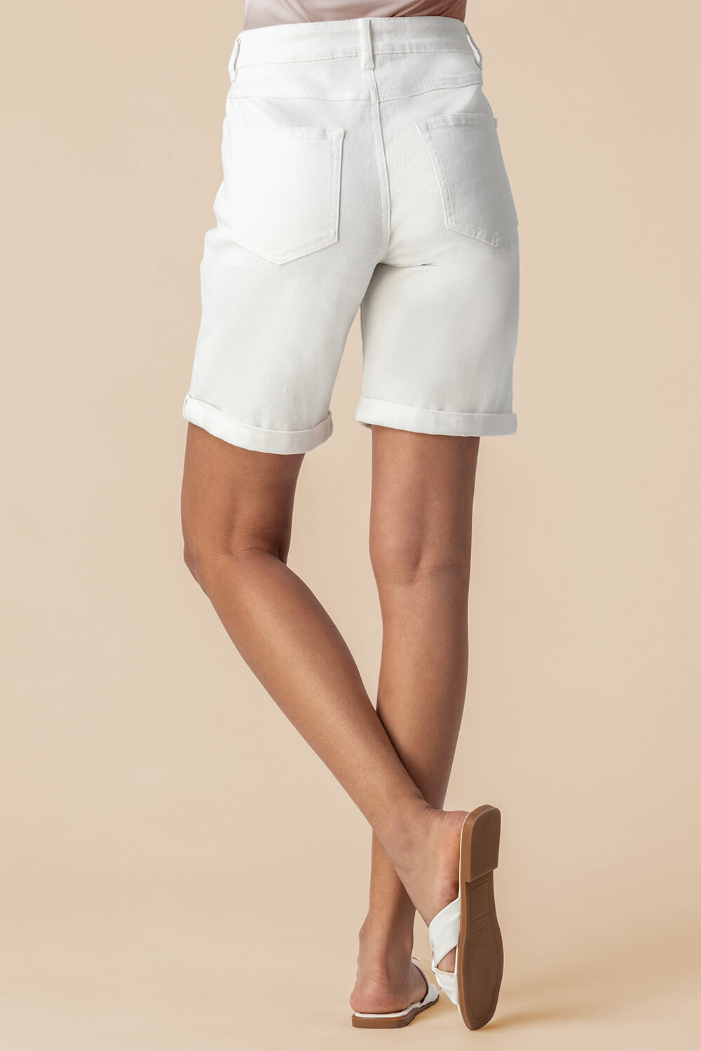 White Turned Hem Denim Stretch Shorts , Image 3 of 3