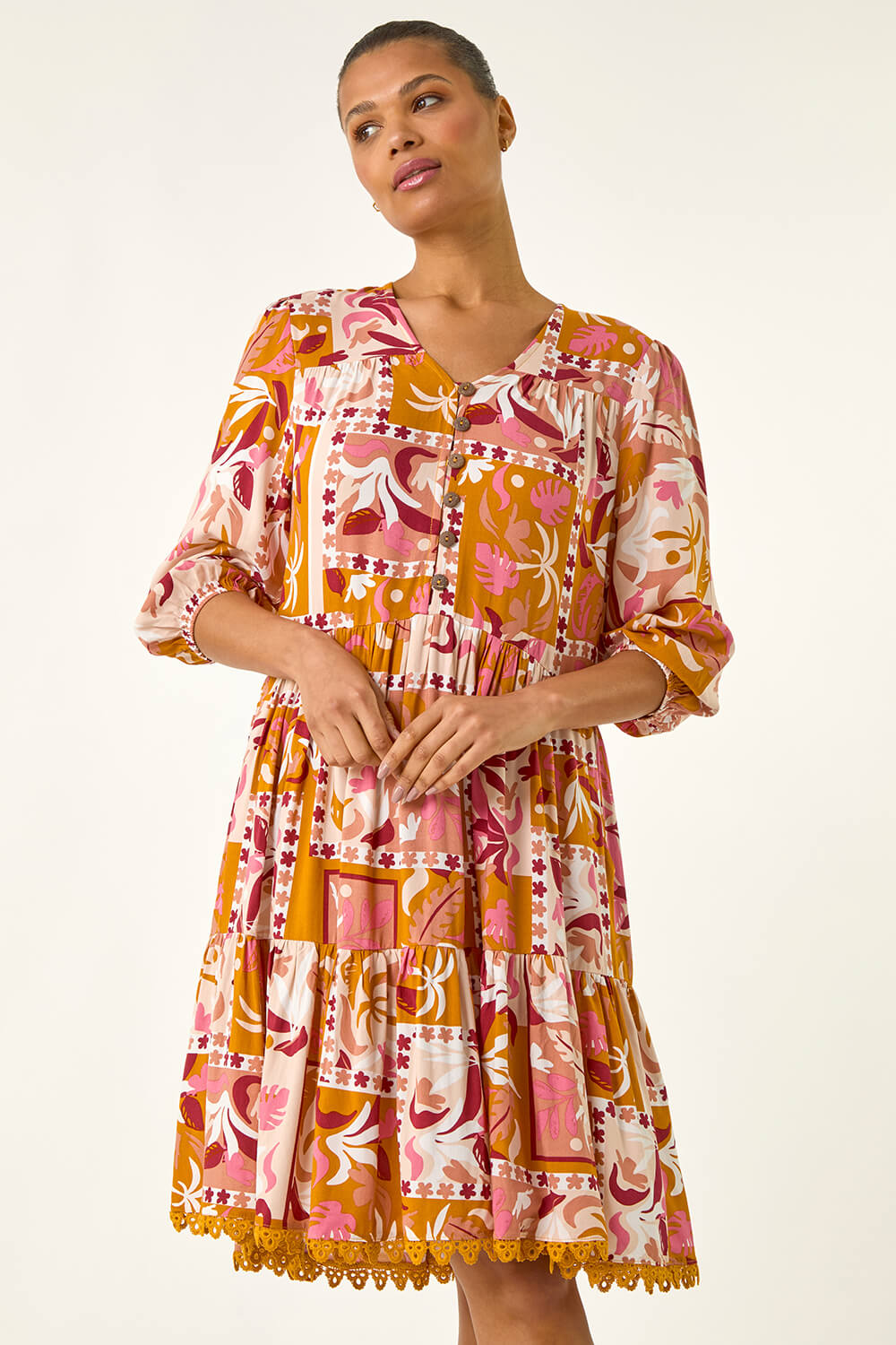 Amber Patchwork Smock V-Neck Dress, Image 1 of 5