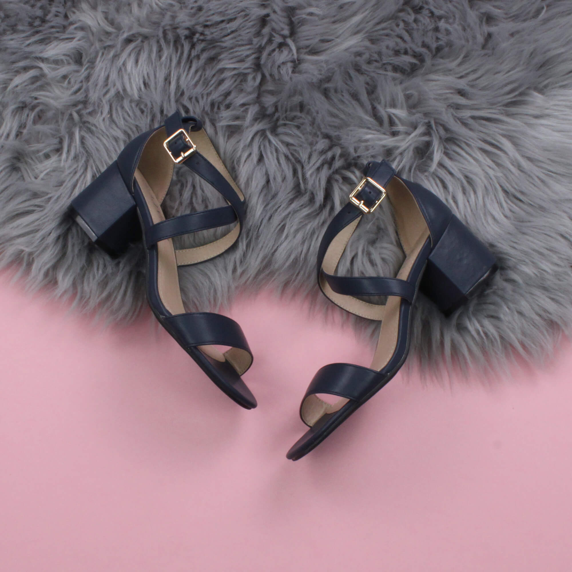Navy Blue AJVANI Navy Blue Mid Block Heel Crossed Straps Sandals, Image 4 of 6