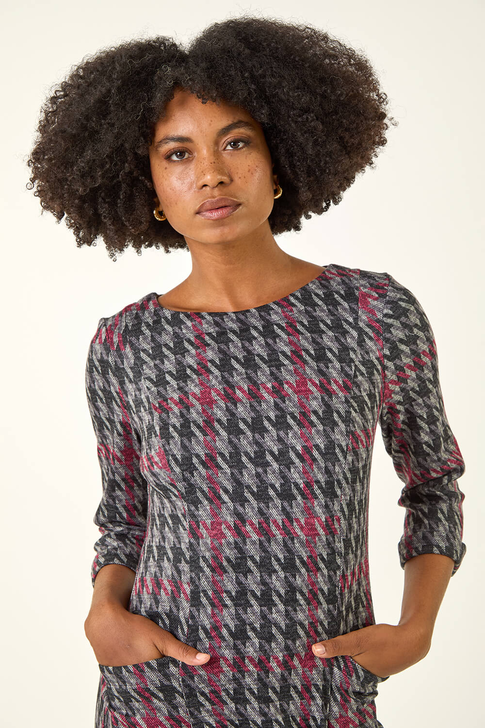 Red Houndstooth Pocket Shift Stretch Dress, Image 5 of 5