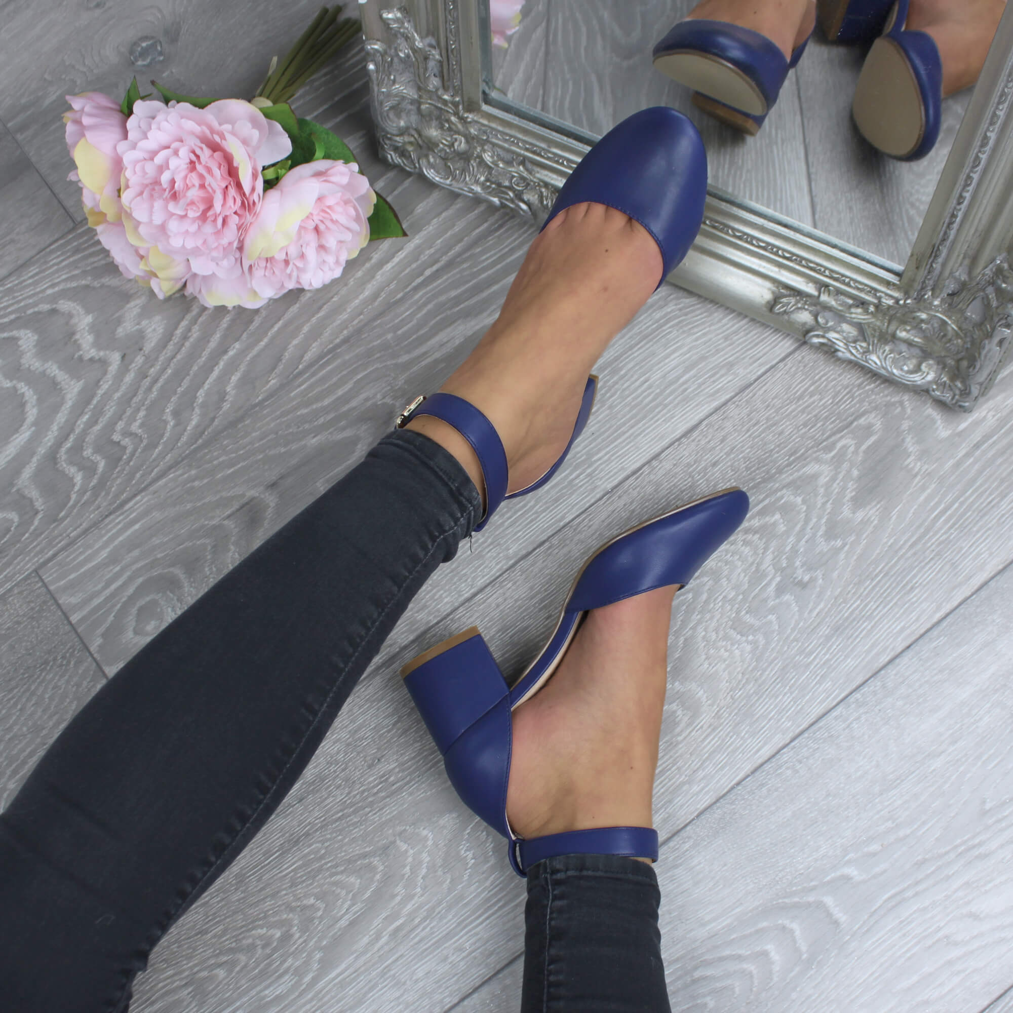 Navy Blue AJVANI Navy Blue Mid Block Heel Ankle Strap 2 Part Heels, Image 5 of 6