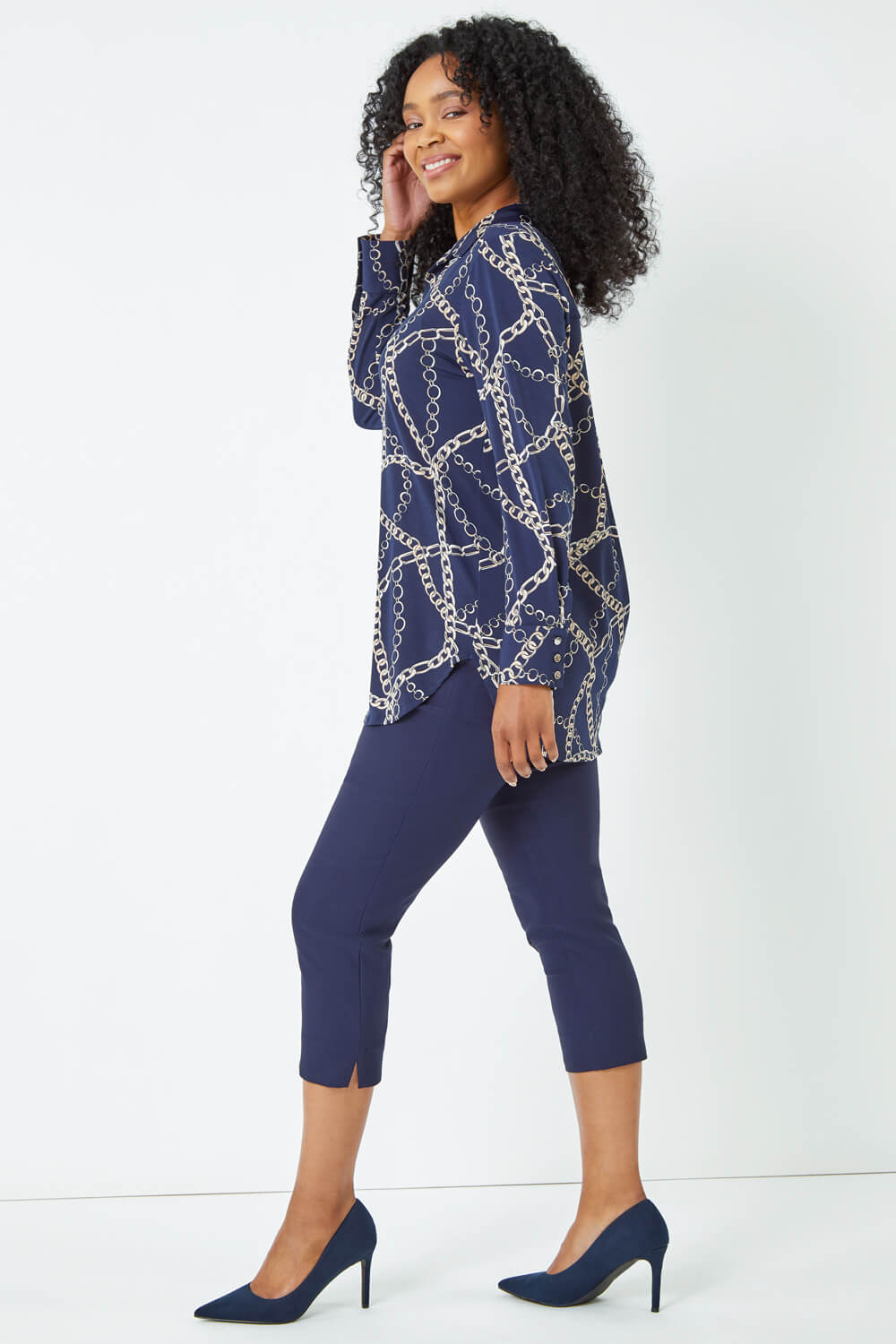 Navy Petite Chain Print Blouse, Image 4 of 5