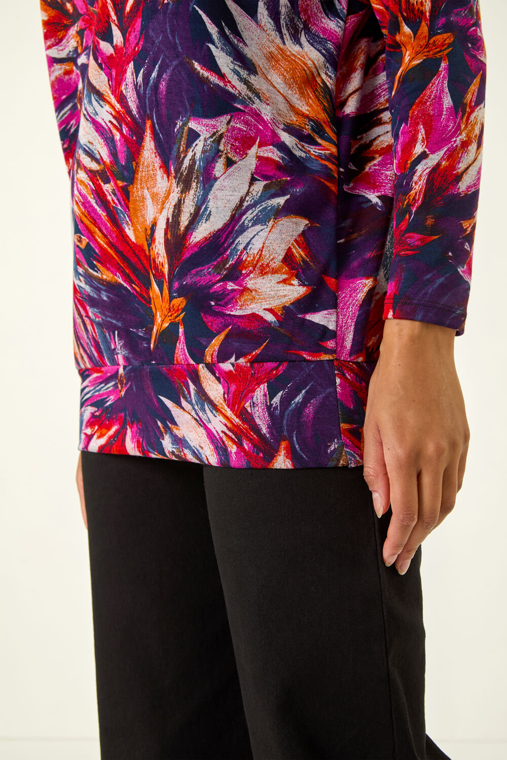 Navy Floral Print Bubble Hem Stretch Top, Image 6 of 5