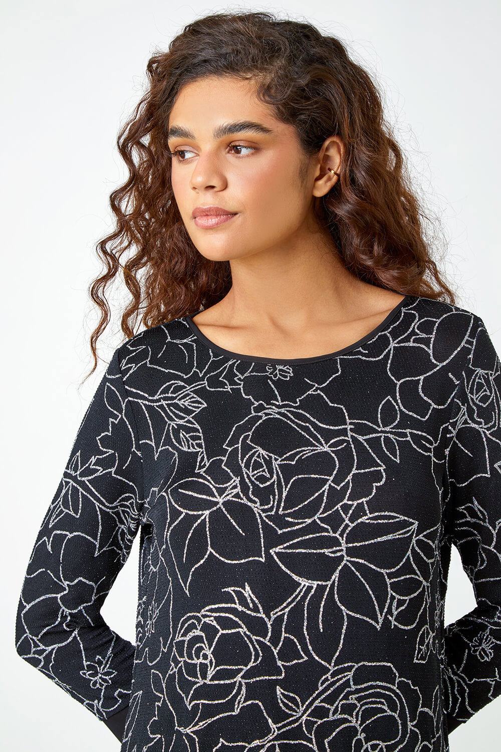 Silver Glitter Rose Print Layered Stretch Top, Image 5 of 5