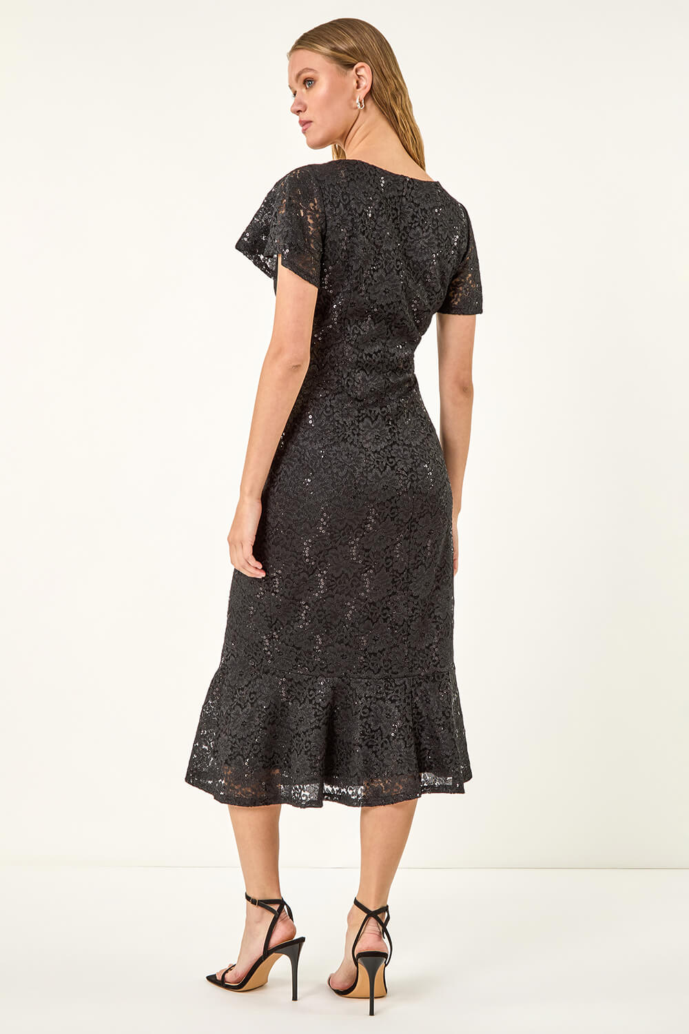 Black Sequin Lace Ruffle Midi Dress, Image 4 of 5