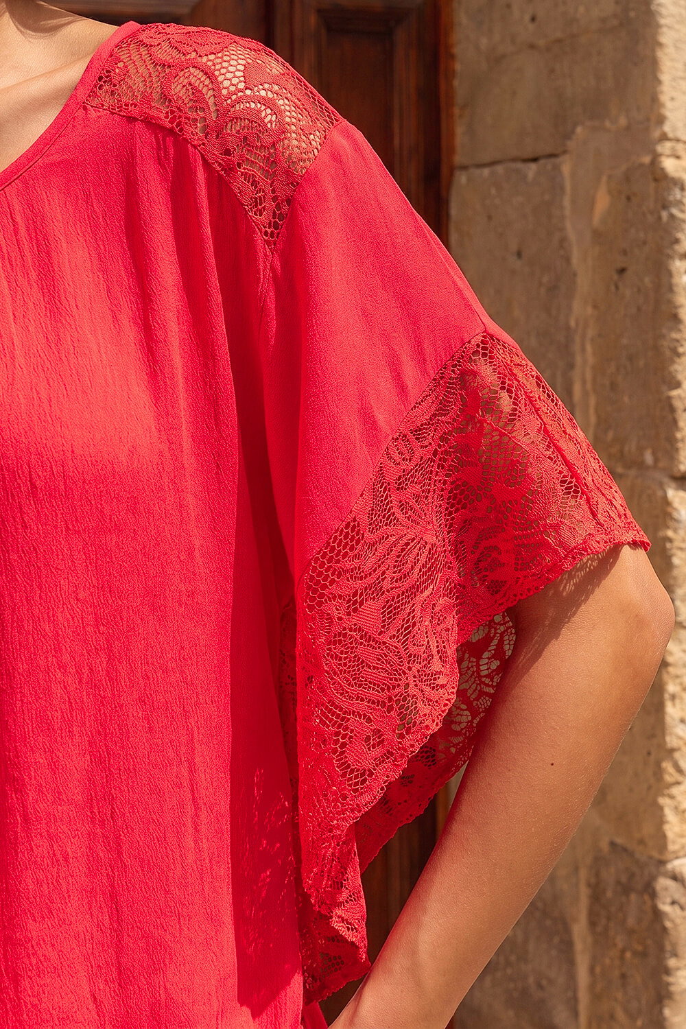 Coral Gathered Lace Insert Sleeve Top, Image 5 of 4