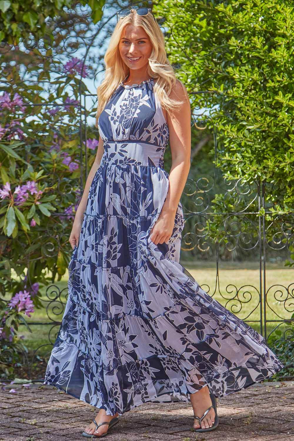 Navy Patchwork Floral Print Halterneck Maxi Dress, Image 4 of 4