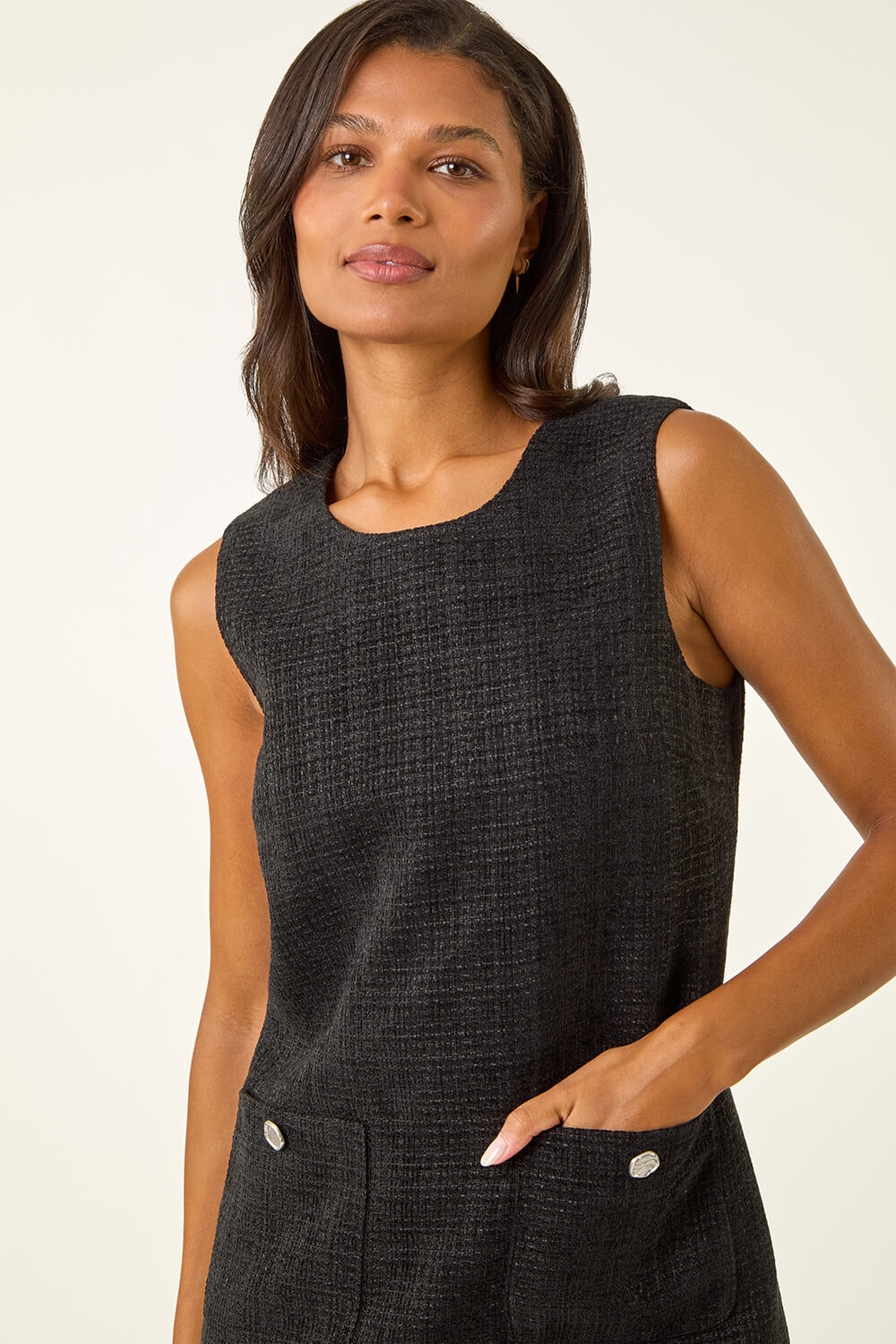 Black Textured Pinafore Pocket Dress, Image 5 of 5