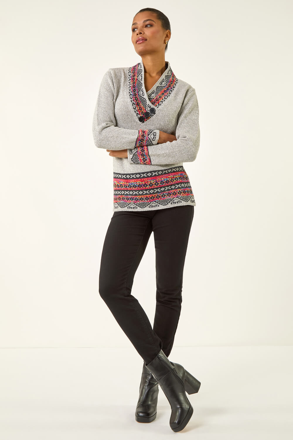 Grey Nordic Print Button Detail V-Neck Jumper, Image 3 of 5