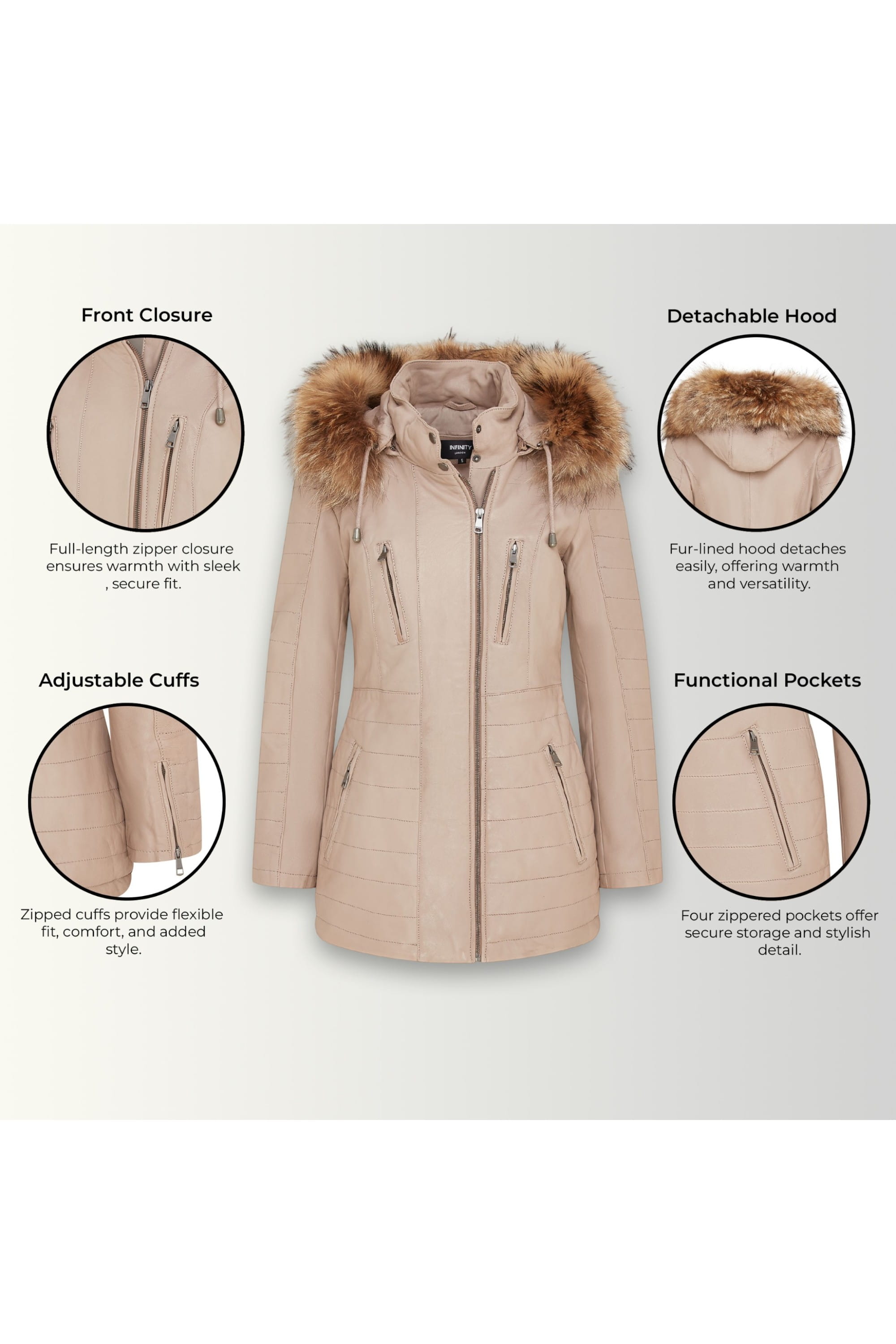 Beige Quilted Leather Parka Jacket-Bowen, Image 3 of 6