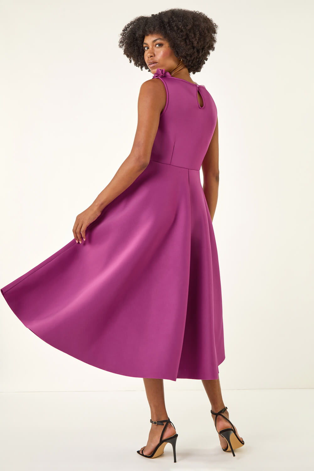 Magenta Chiffon Flower Trim Premium Stretch Dress, Image 5 of 6