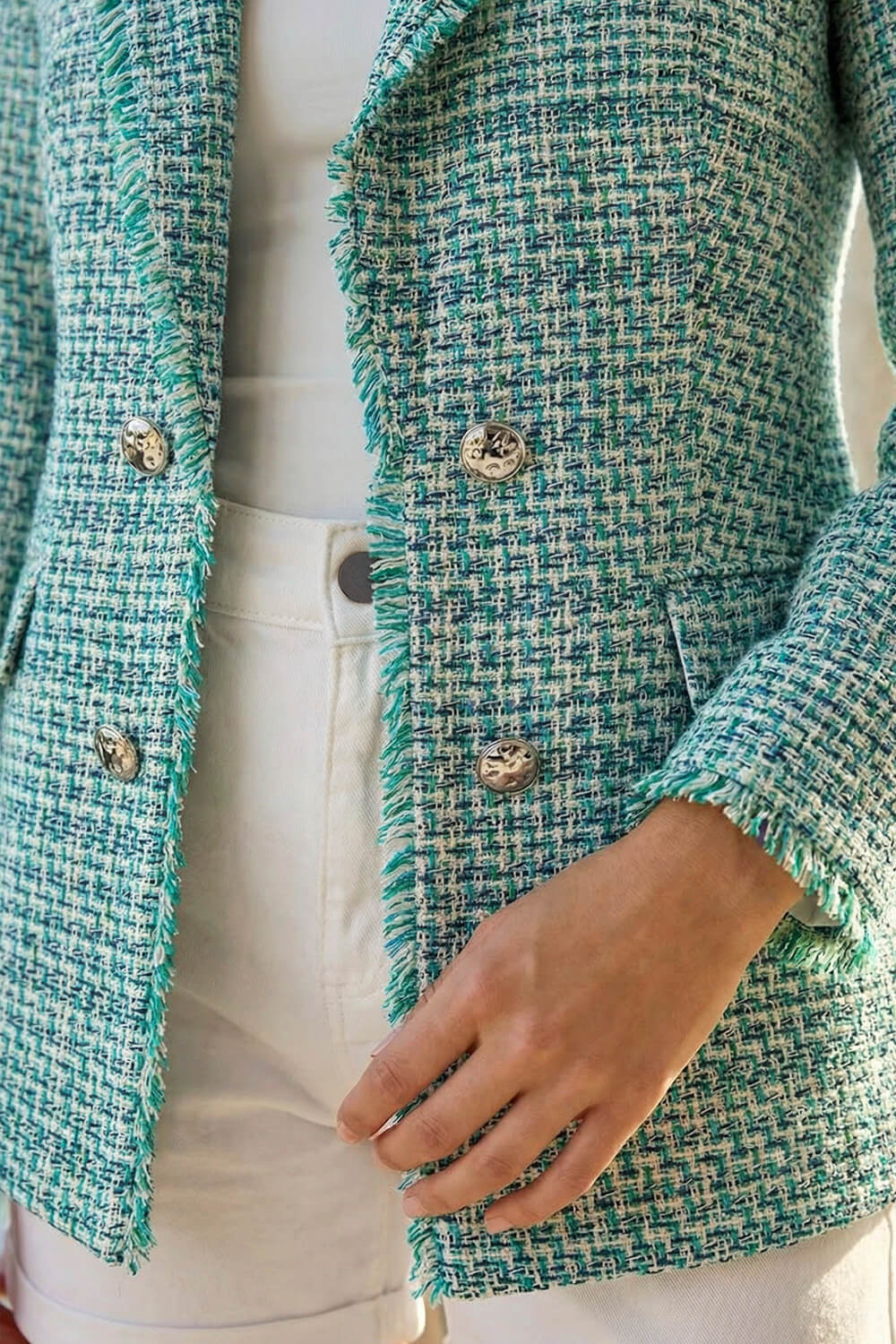 Green Check Frayed Edge Boucle Button Jacket, Image 5 of 4
