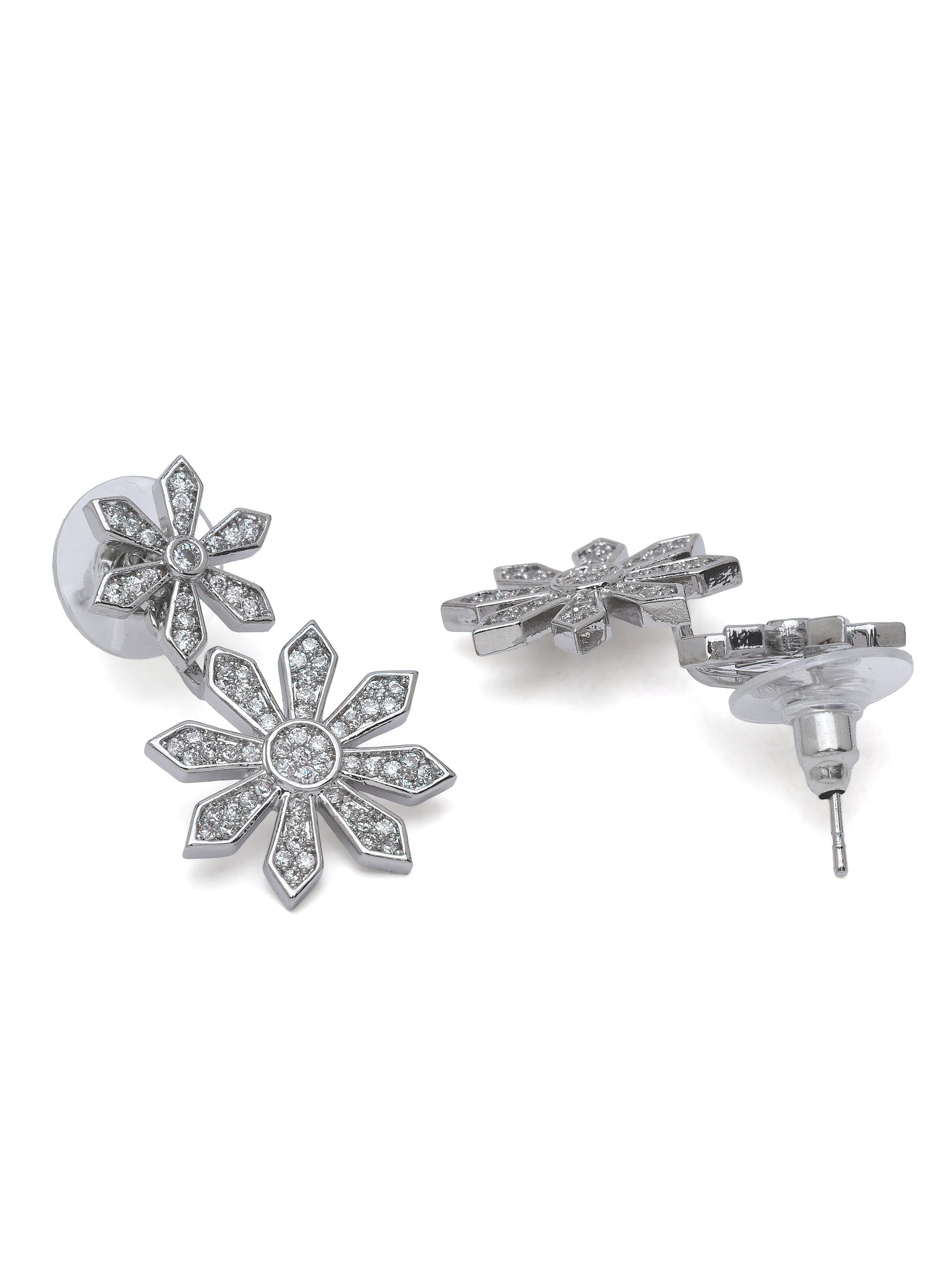 Silver Double Daisy Crystal Drop Earrings, Image 2 of 3