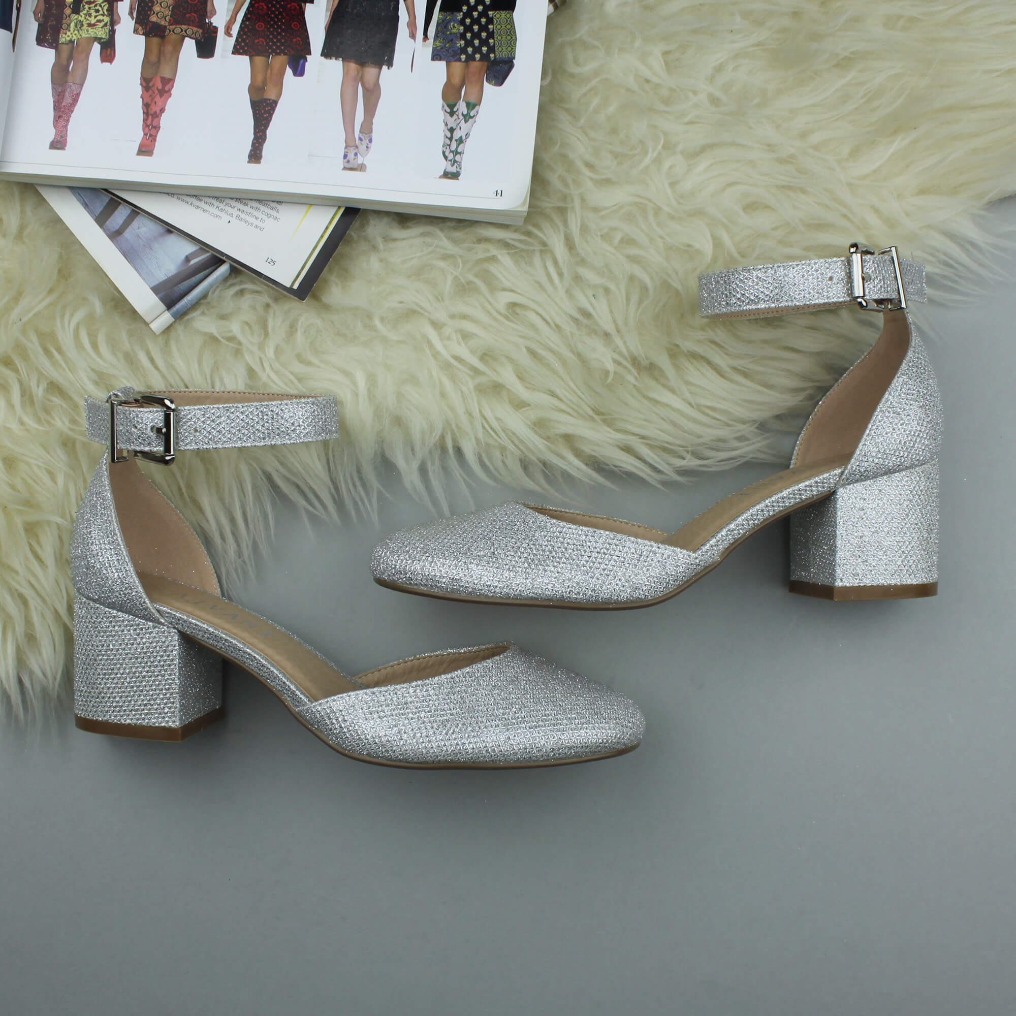 Silver AJVANI Silver Mid Block Heel Ankle Strap 2 Part Heels, Image 4 of 6