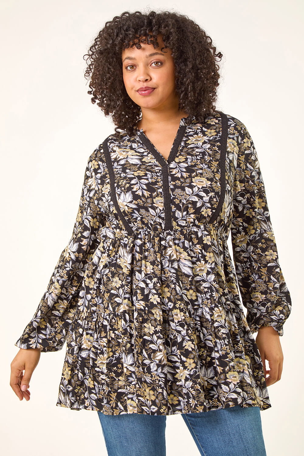 Black Curve Floral Woven Tunic Top, Image 5 of 5