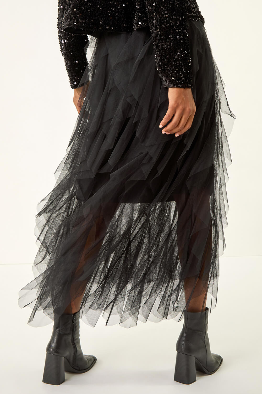Black Elastic Waist Mesh Layered A Line Skirt, Image 5 of 5