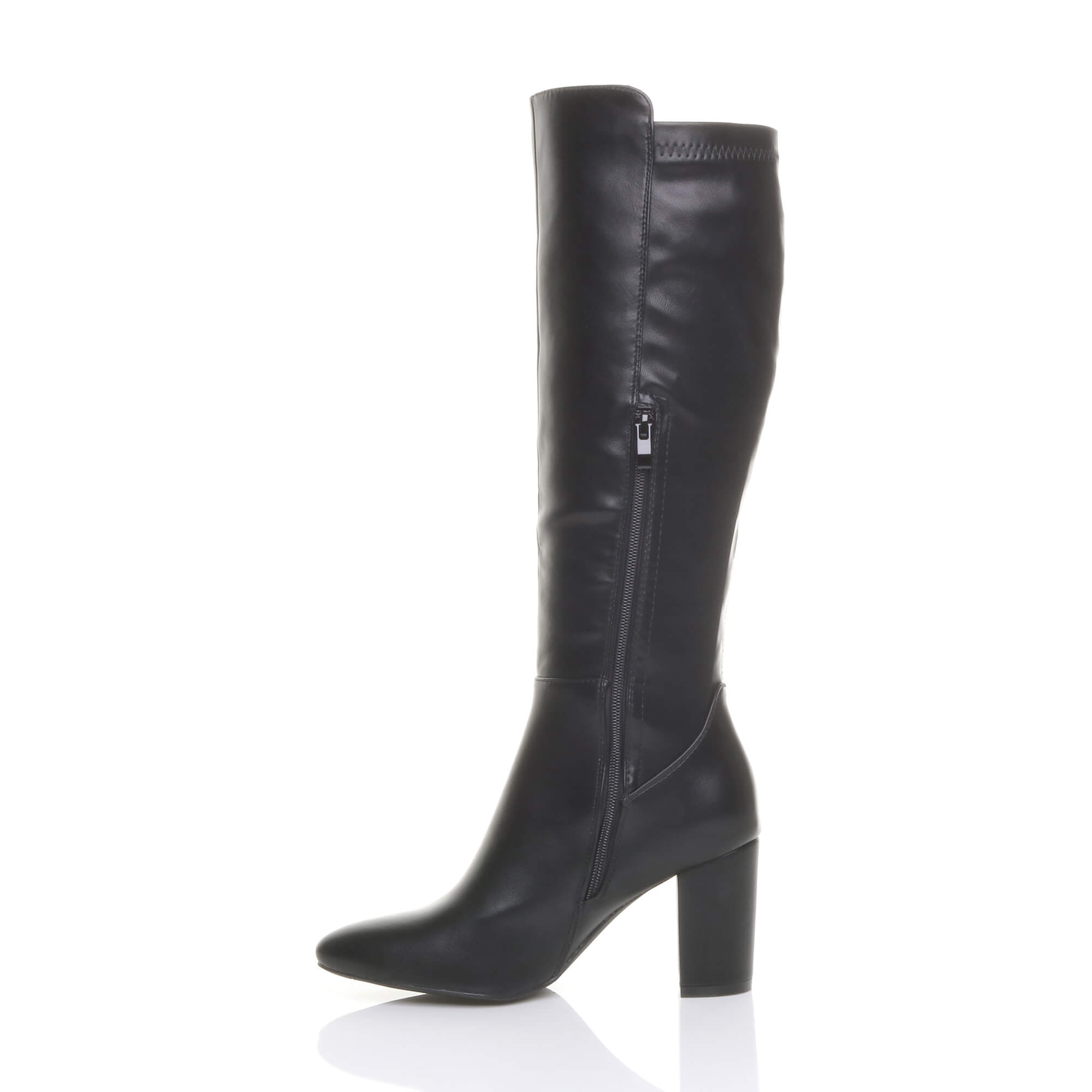 Black High Block Heel Stretchy Calf Boots, Image 3 of 5