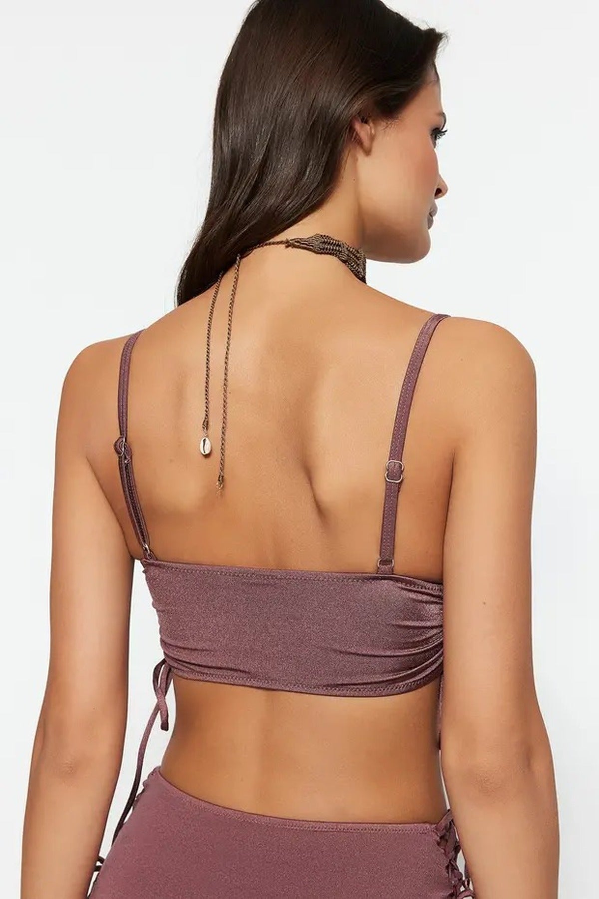 Brown Square Neck Ruched Side Detail Bikini Top, Image 4 of 4