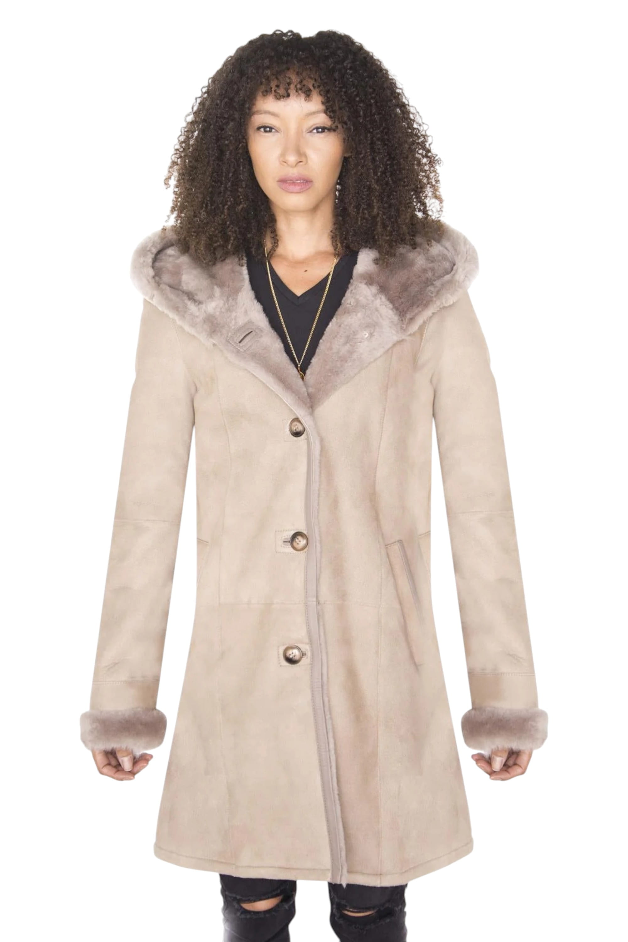 Taupe Womens Suede Merino Sheepskin Parka Coat, Image 1 of 5