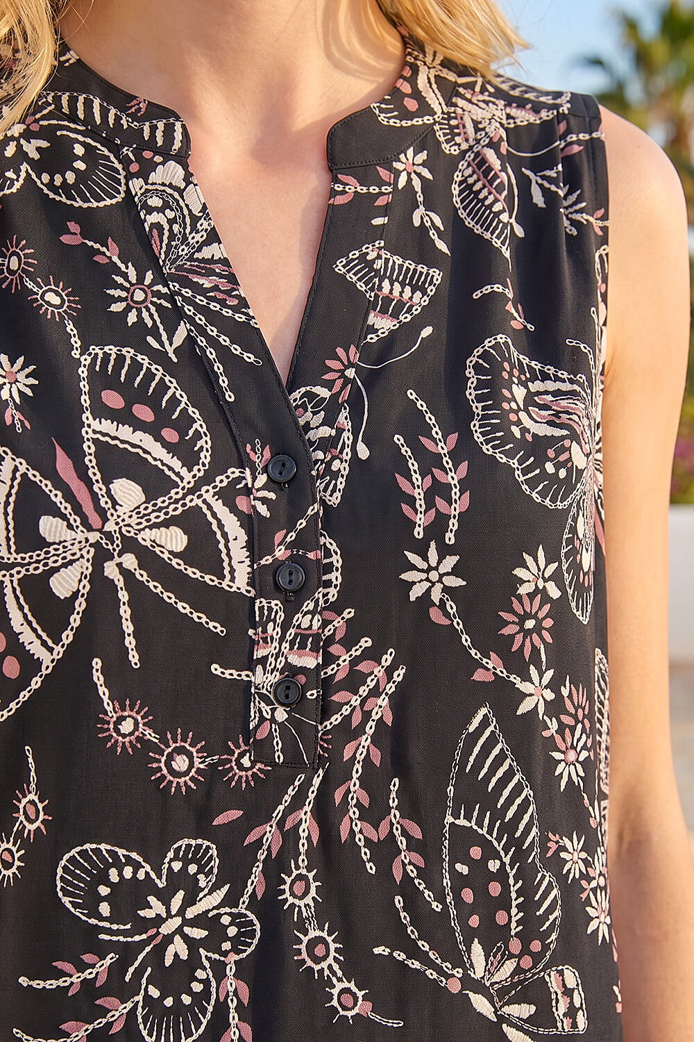 Black Butterfly Print Stretch Vest Top, Image 5 of 4