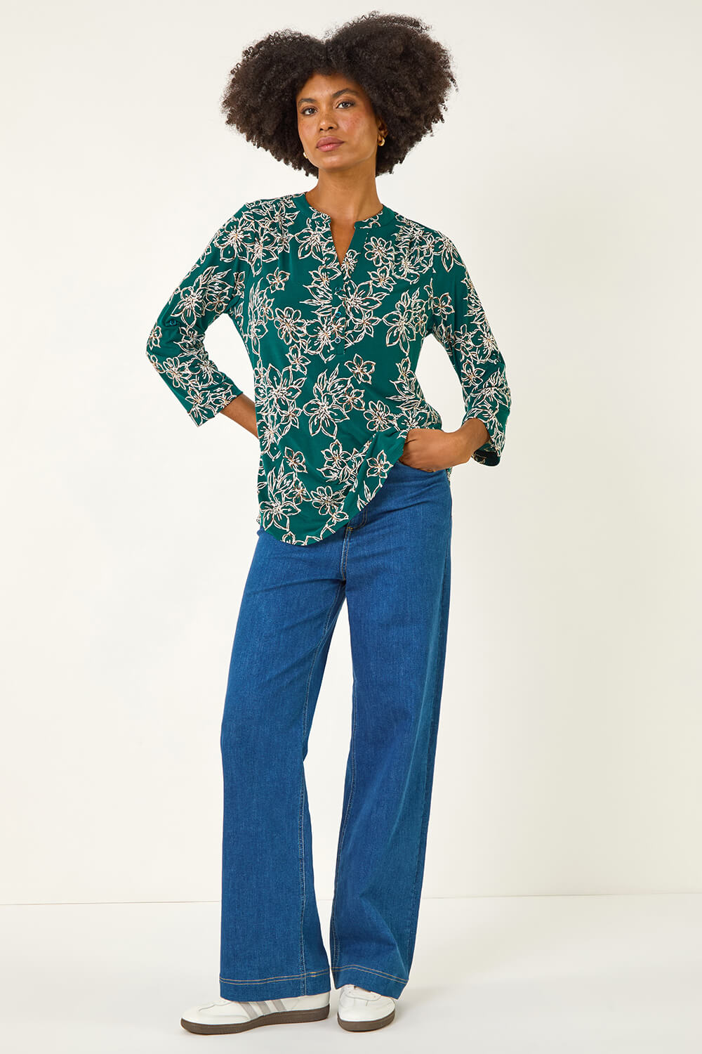 Teal Floral Puff Print Stretch Top, Image 3 of 5