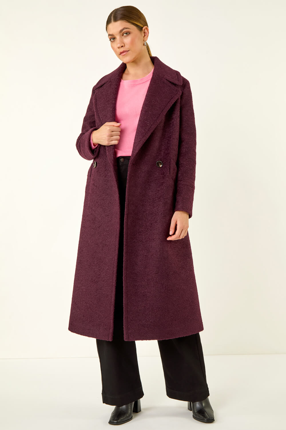 Burgundy Textured Buttoned Boucle Coat, Image 4 of 6