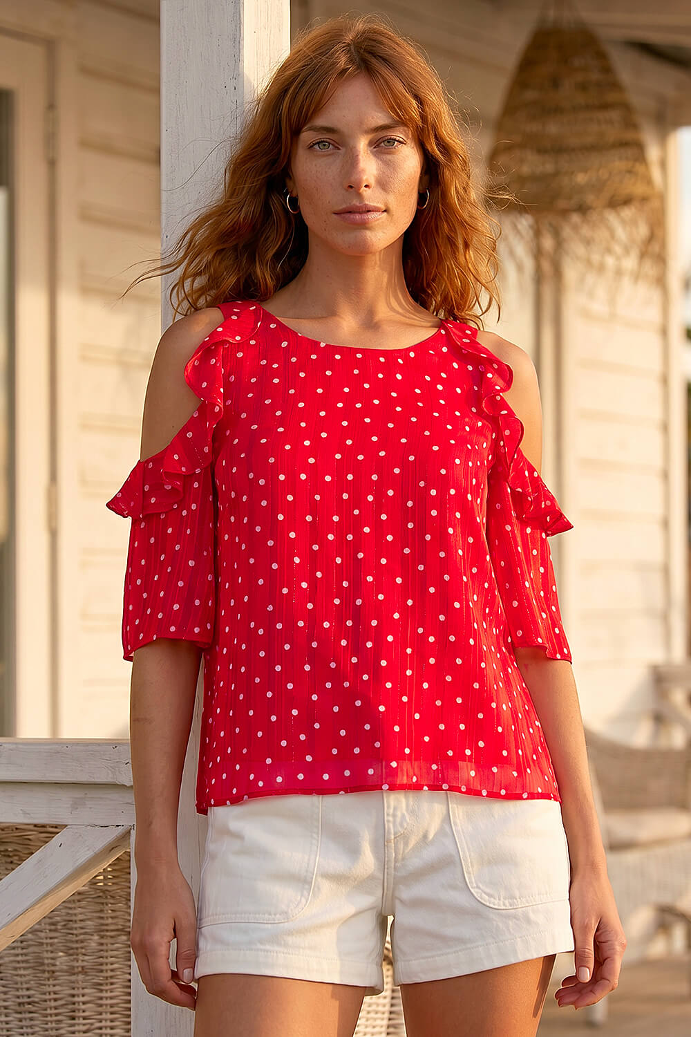 Red Spot Print Frill Cold Shoulder Top | Roman UK
