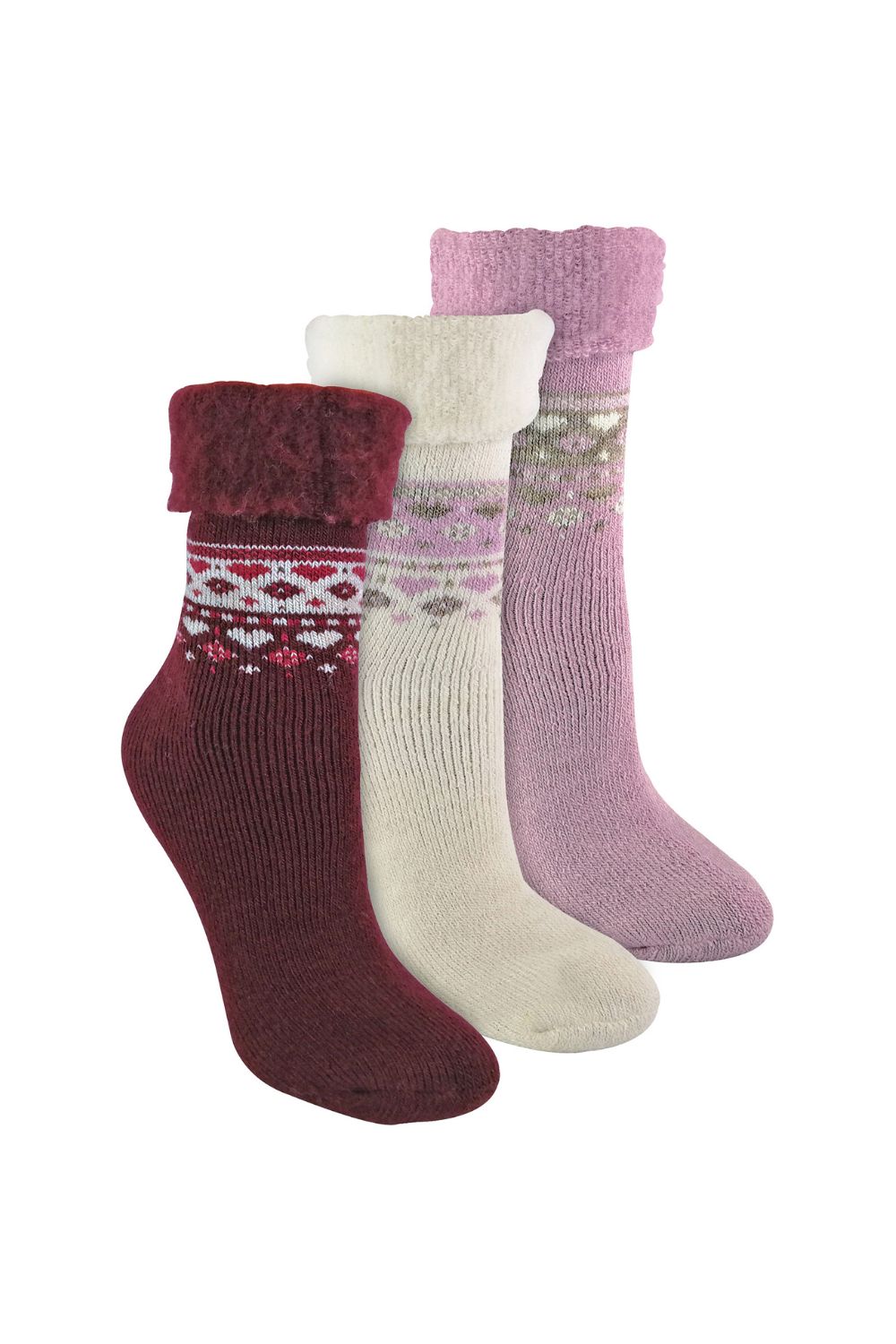 Pink Ladies 3 Pack Turnover Top Wool Bed Socks for Winter - Fluffy Nordic Design, Image 1 of 4