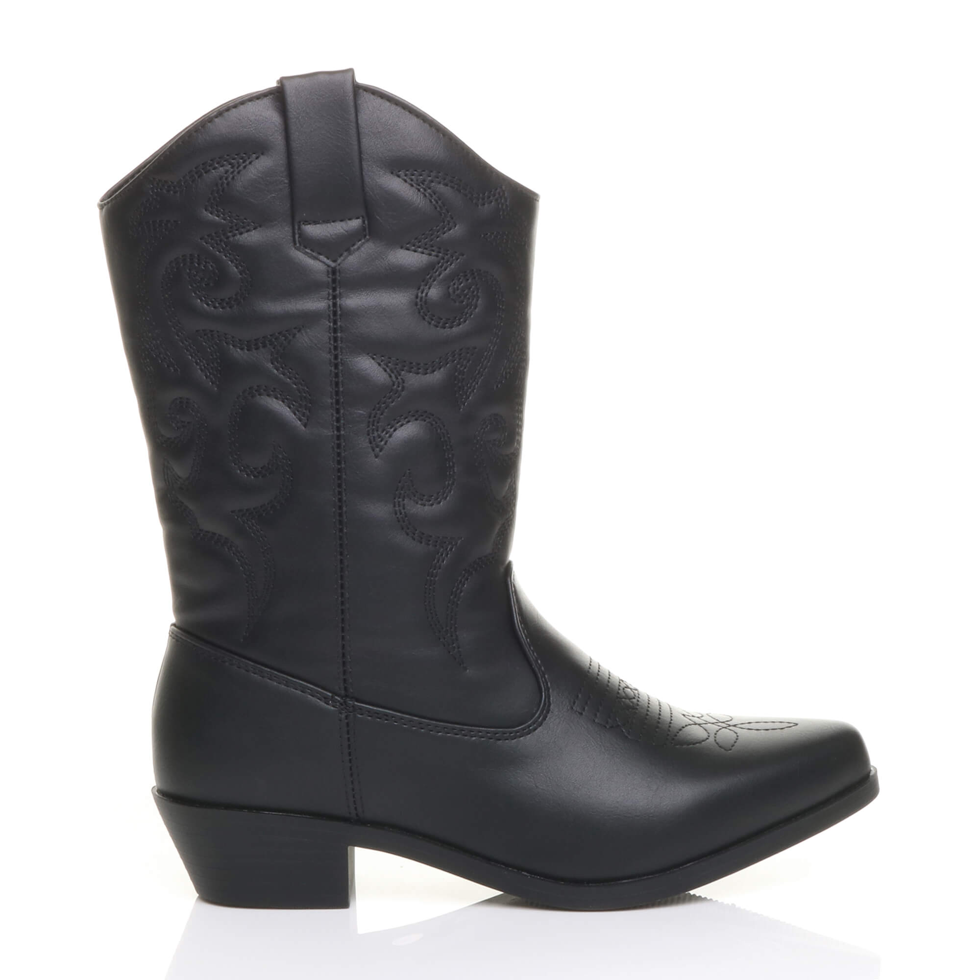 Black AJVANI Black Low Cuban Heel Embroidered Cowboy Western Boots, Image 2 of 6