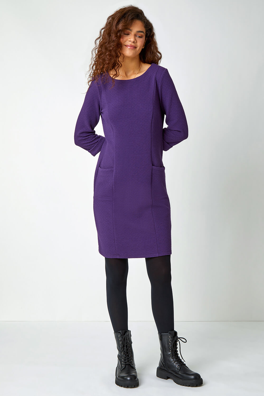 Purple Textured Cotton Blend Stretch Shift Dress, Image 3 of 5