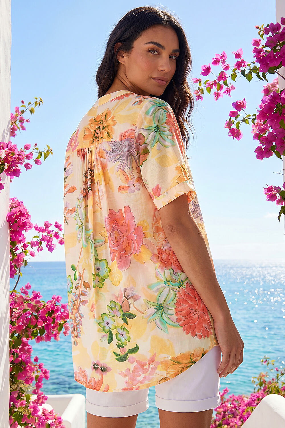Orange Floral Print Embellished V-Neck Top, Image 4 of 4