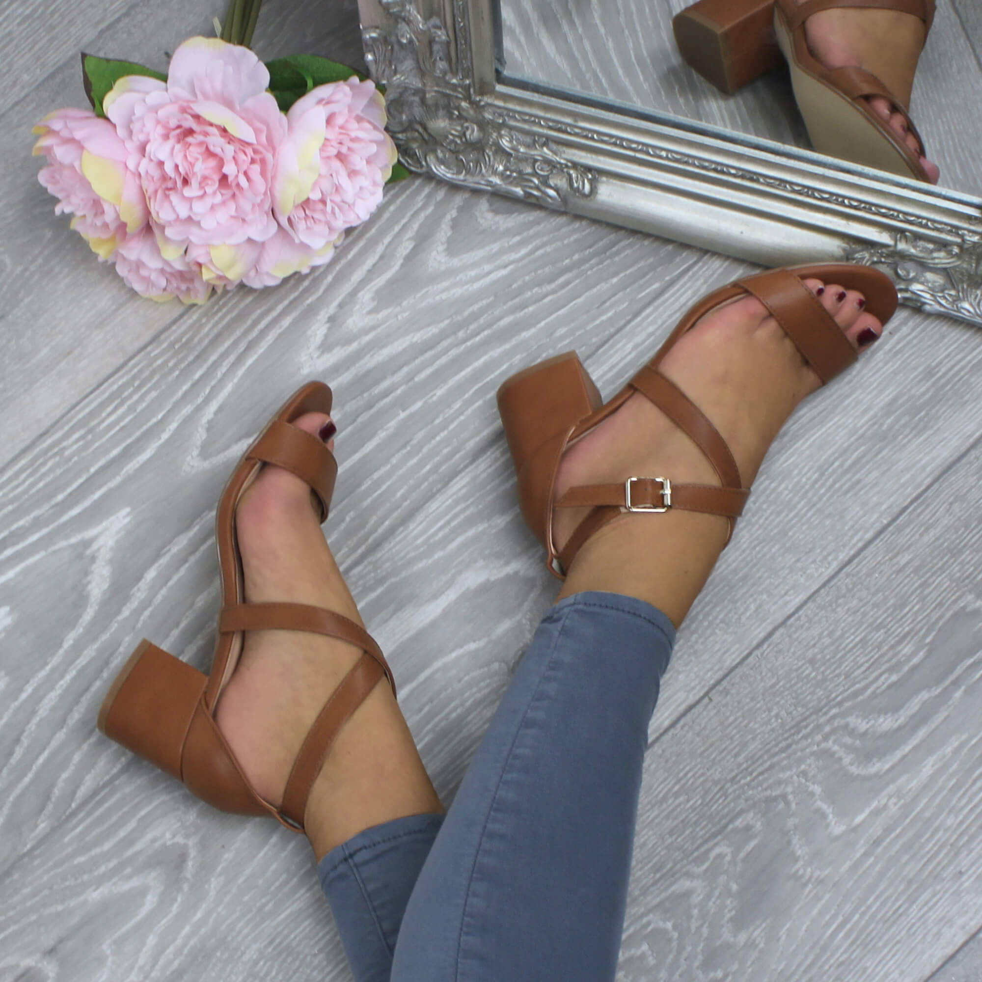 Tan AJVANI Tan Mid Block Heel Crossed Straps Sandals, Image 5 of 6