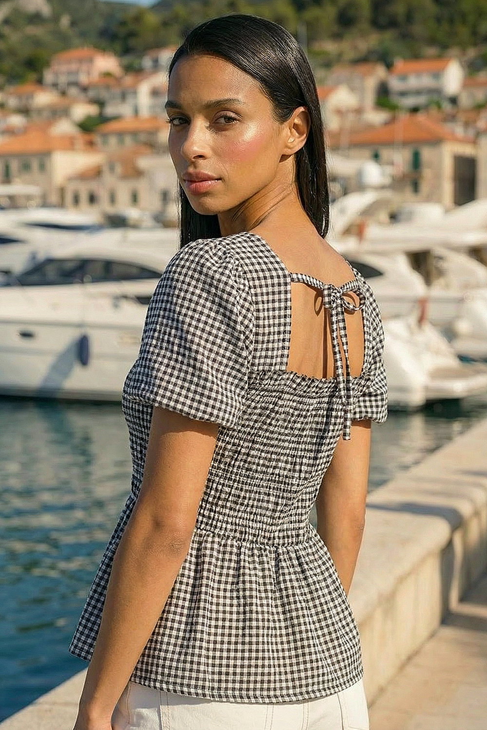 Black Dusk Gingham Shirred Peplum Top, Image 4 of 4