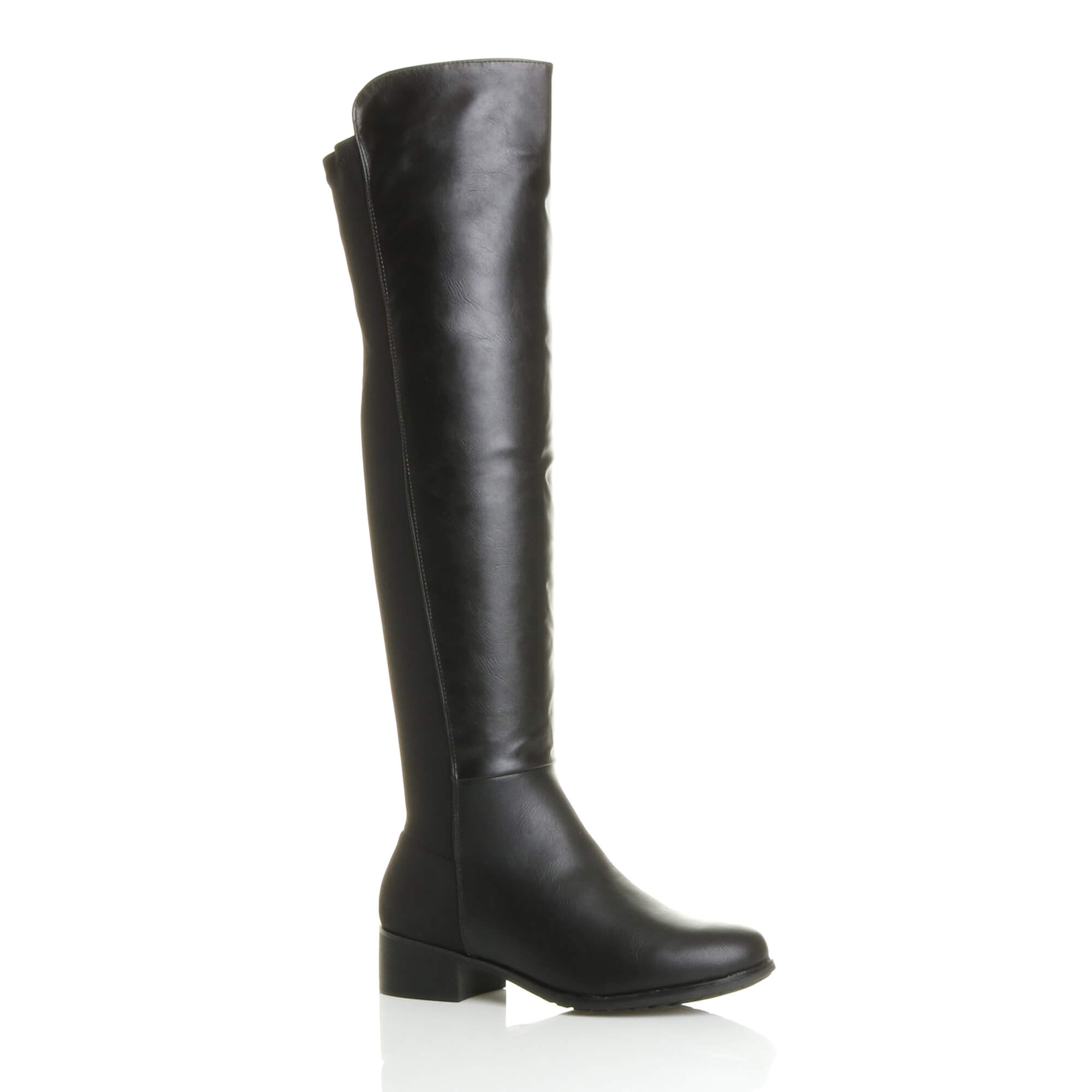 Black Low Heel Elastic Gold Zip Over The Knee Boots