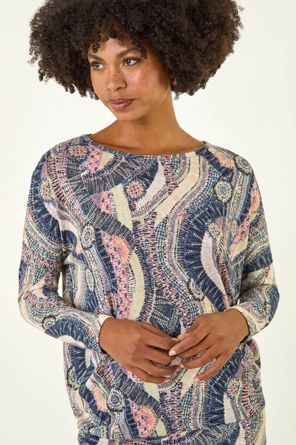 PINK Abstract Print Banded Hem Stretch Top, Image 1 of 5