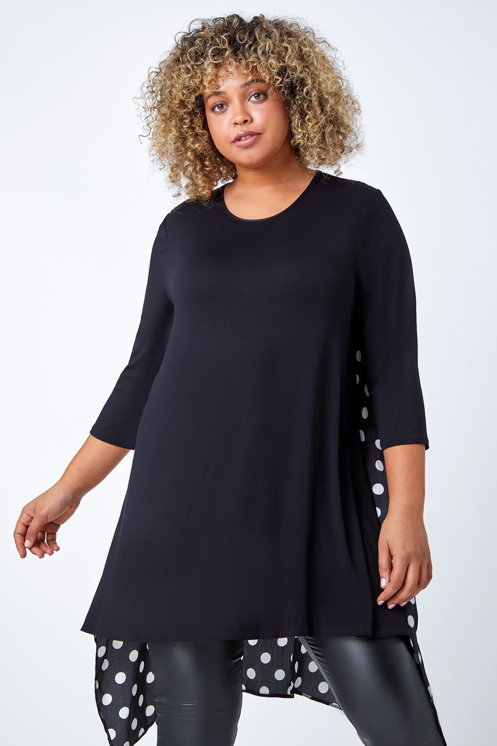 Black Curve Polka Dot Chiffon Stretch Top, Image 3 of 5