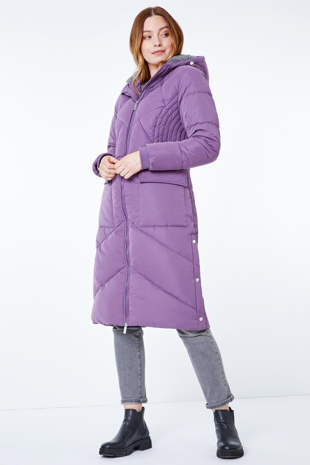Purple Longline Quilted Coat , Image 4 of 5