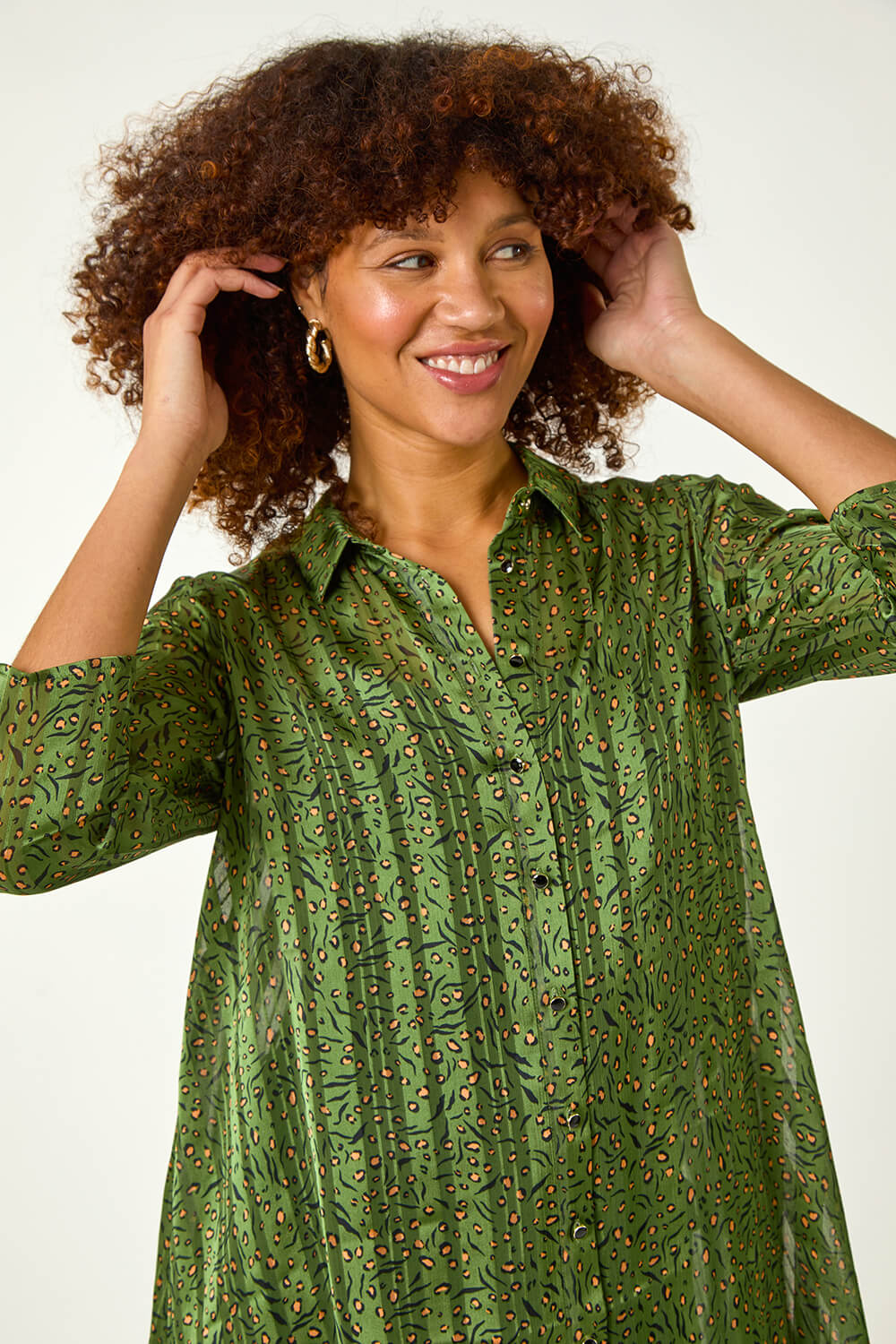 Khaki Animal Print Collared Shirt, Image 1 of 5