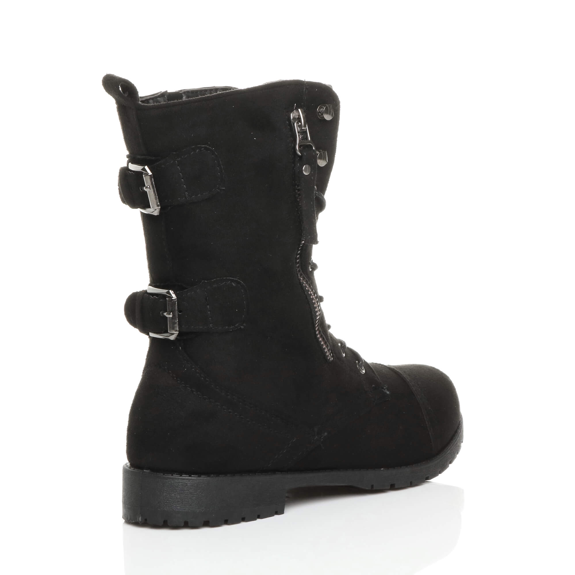 Black Lace Up Zips Military Biker Ankle Boots, Image 4 of 6