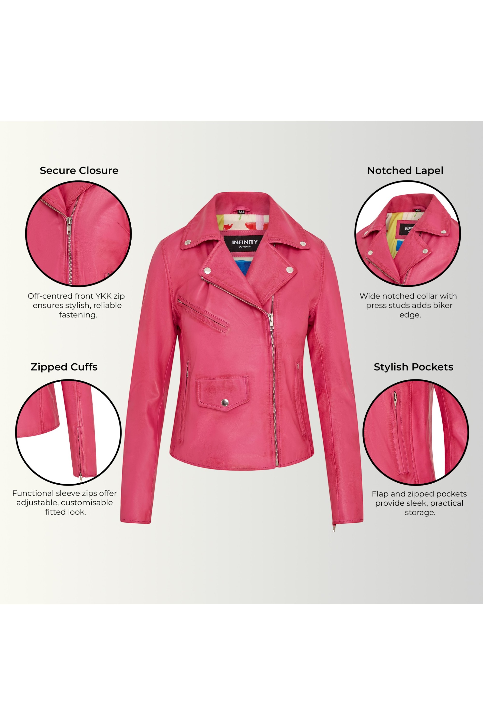 Fuchsia Classic Brando Biker Leather Jacket, Image 3 of 8