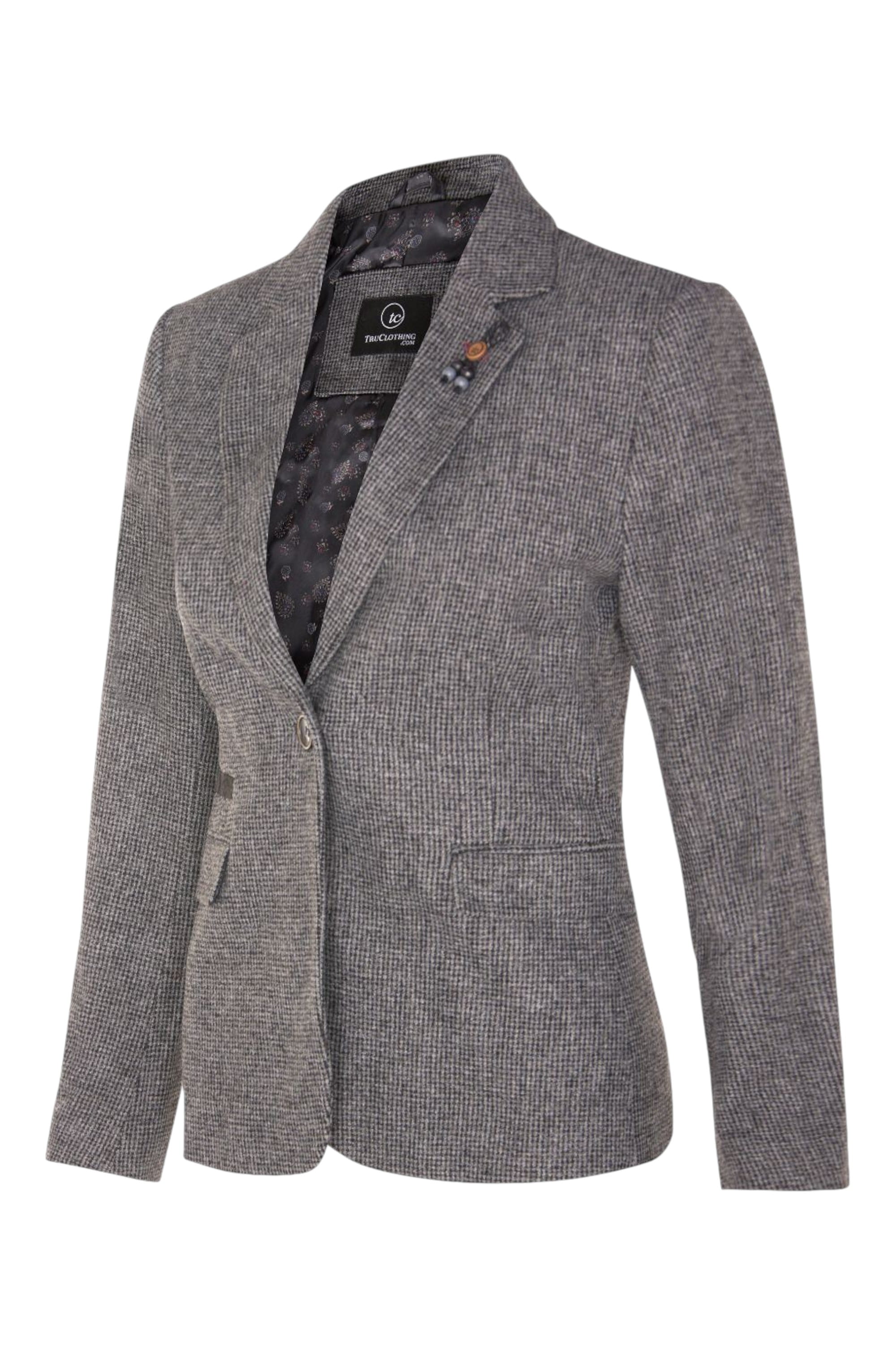 Grey Infinity Leather Grey Tweed 1920s Herringbone Grey Blazer, Image 3 of 6