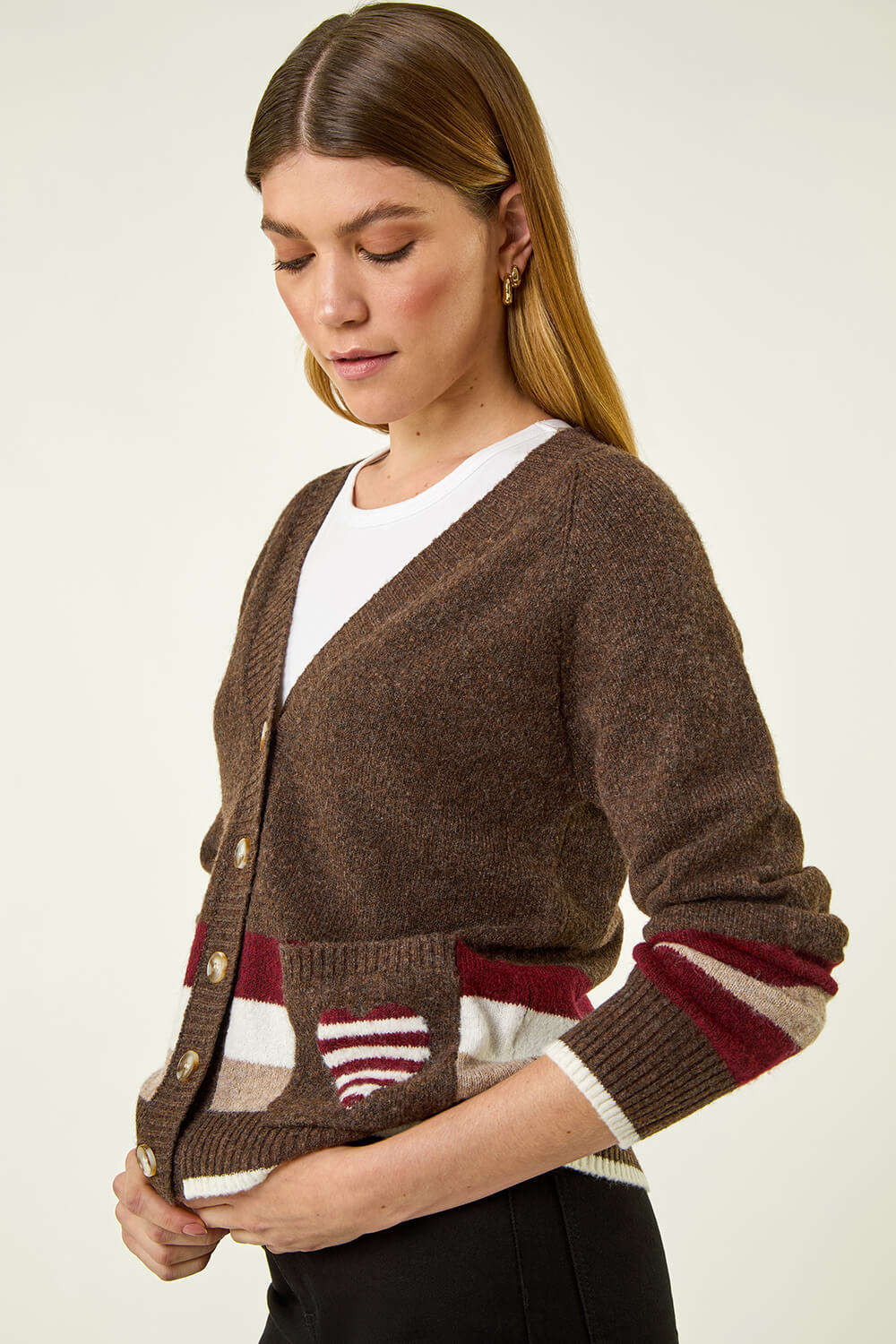Chocolate Striped Heart Knit Cardigan, Image 1 of 5
