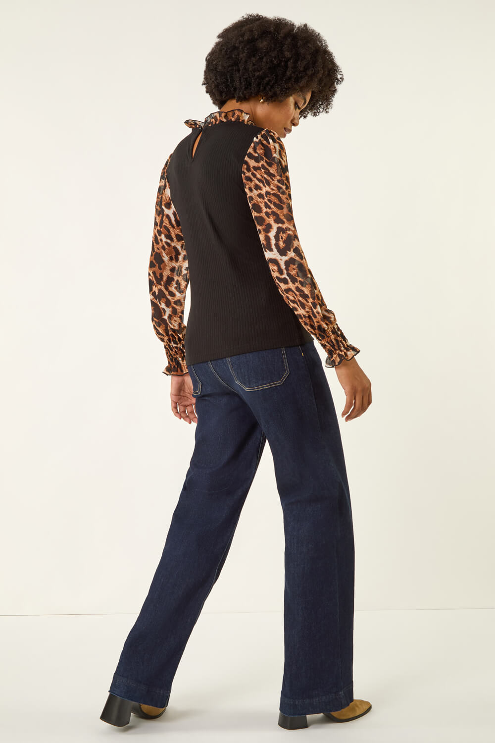 Black Animal Print Mock Shirt Top, Image 5 of 5