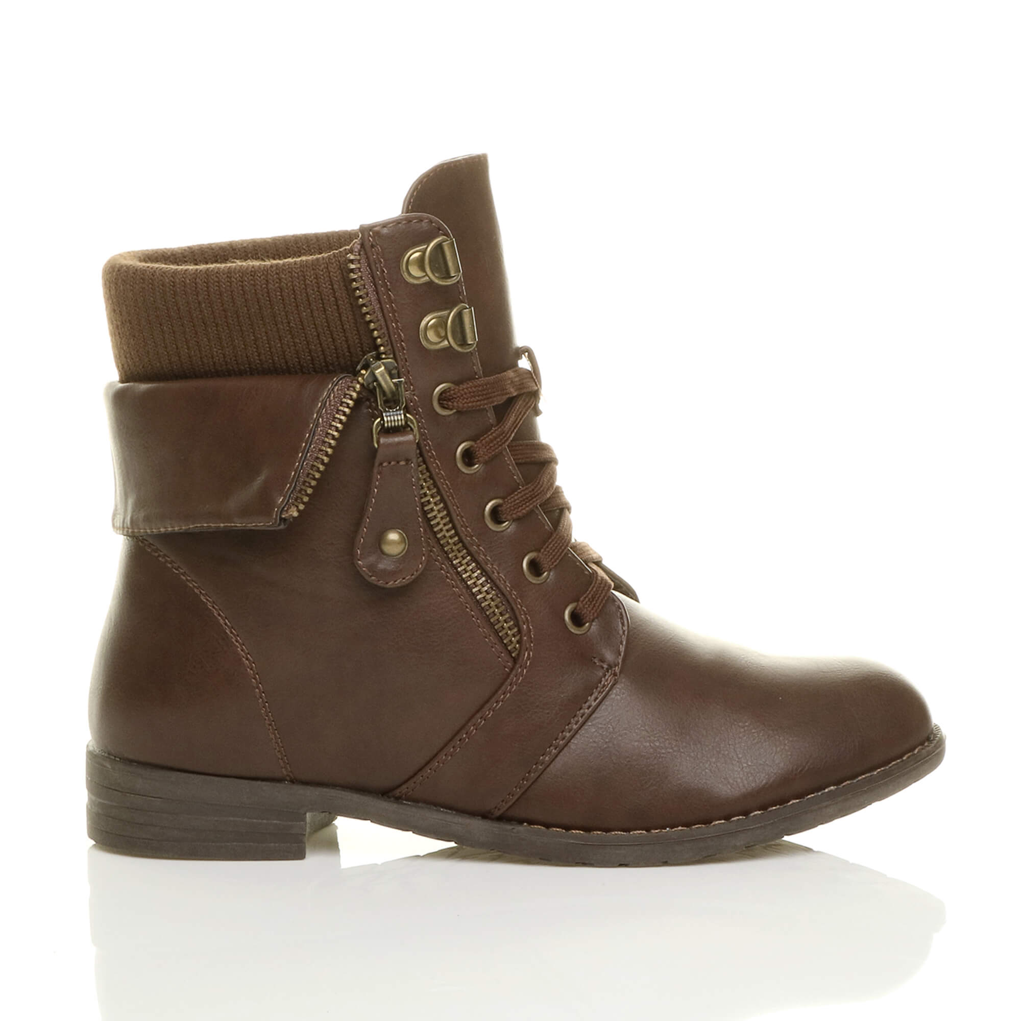 Brown Lace Up Knitted Collar Biker Military Boots, Image 2 of 5