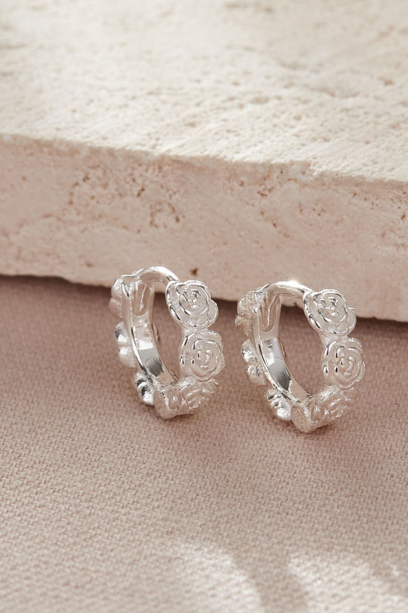 Silver Sterling Silver Rose Huggie Hoops, Image 3 of 4