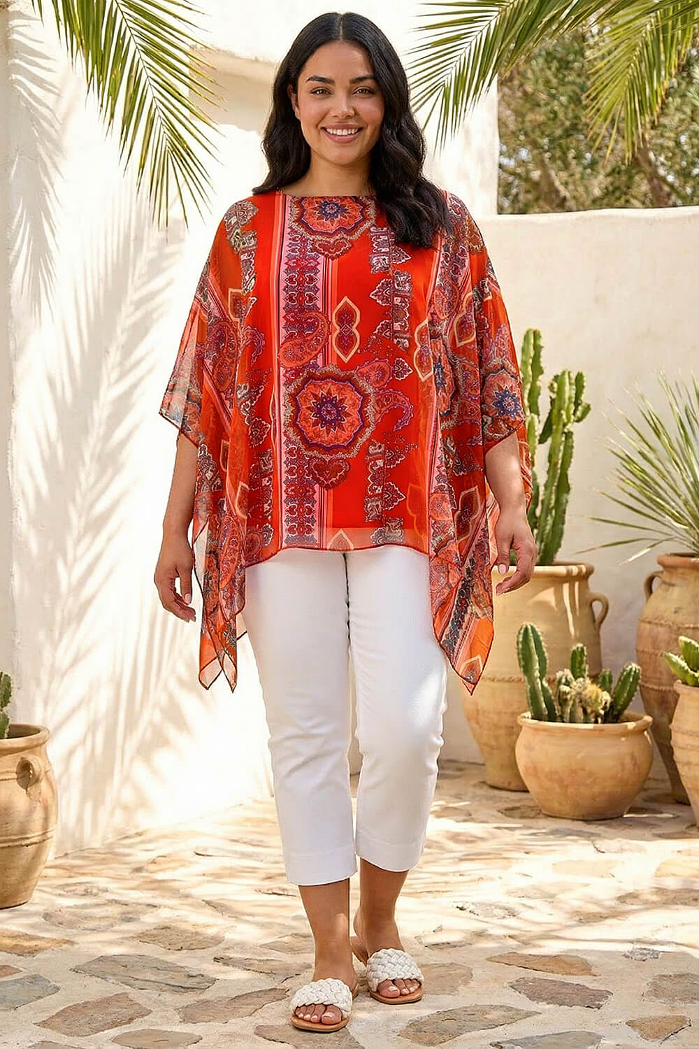 Roman Curve Women's Red Ikat Paisley Asymmetric Overlay Top Size 20