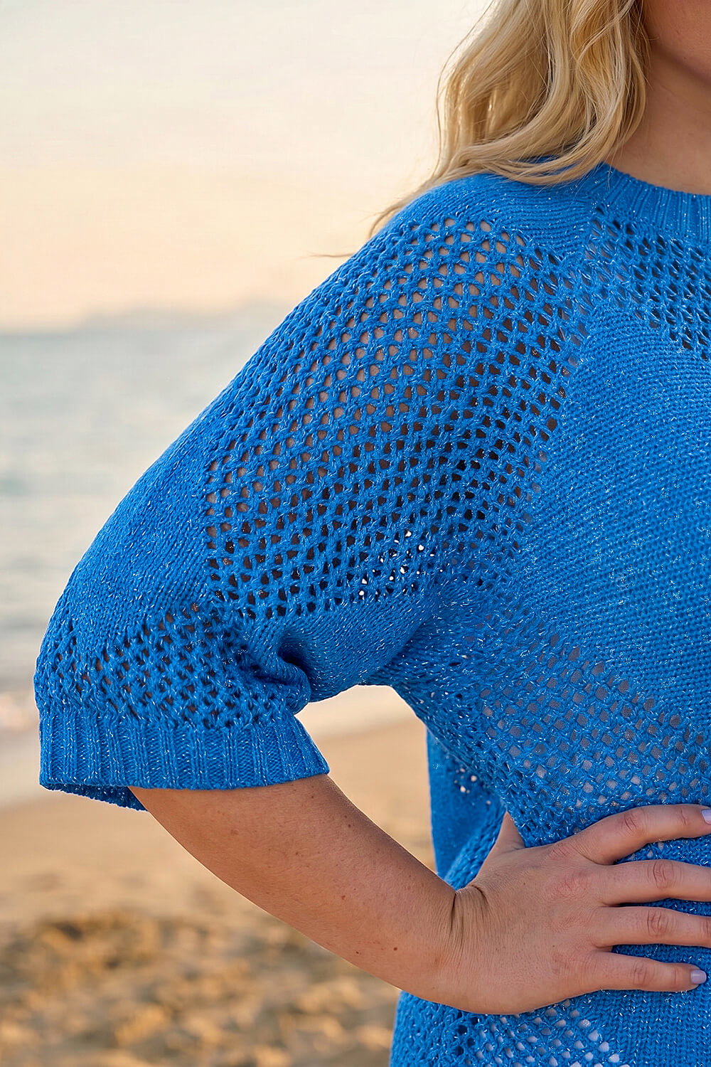 Royal Blue Curve Metallic Diamond Knit Top, Image 5 of 4